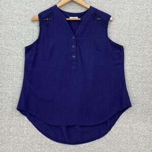 Soteer Blouse Womens XL Blue Sleeveless Top Lace V Neck Drop Hem Pleated